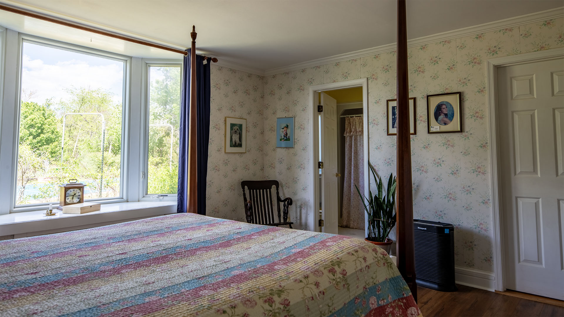 Primary bedroom at Asgardd Farm near Greenwood in Afton VA with adjoining bath and countryside views