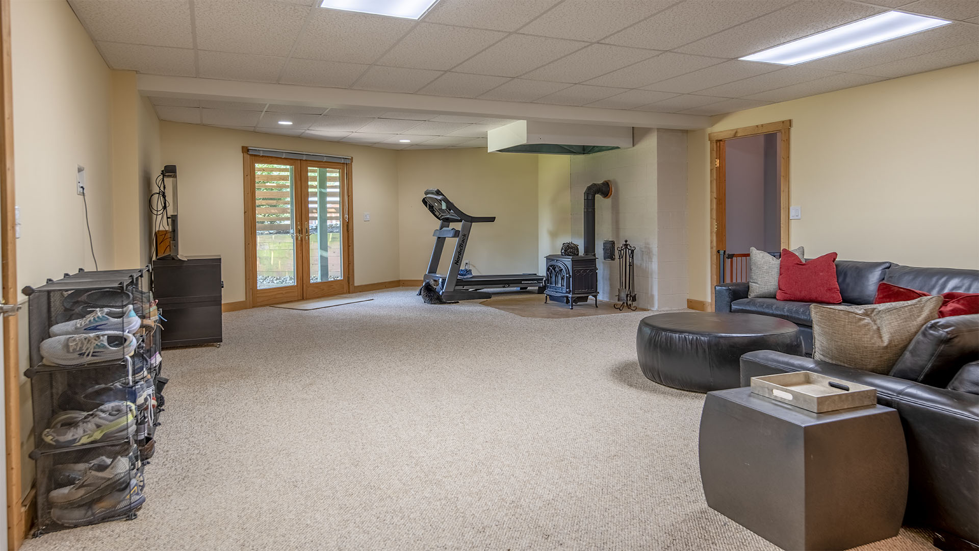 Finished basement recreational room at the 44-acre Madison Virginia farm