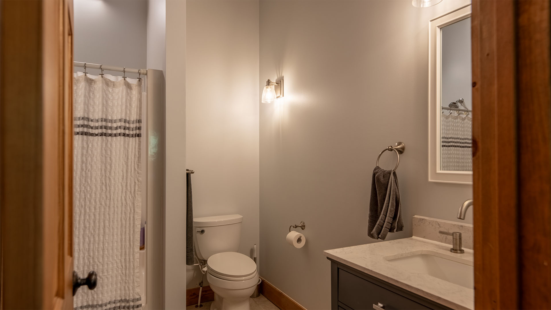 Renovated main-level bathroom in the Madison County country home