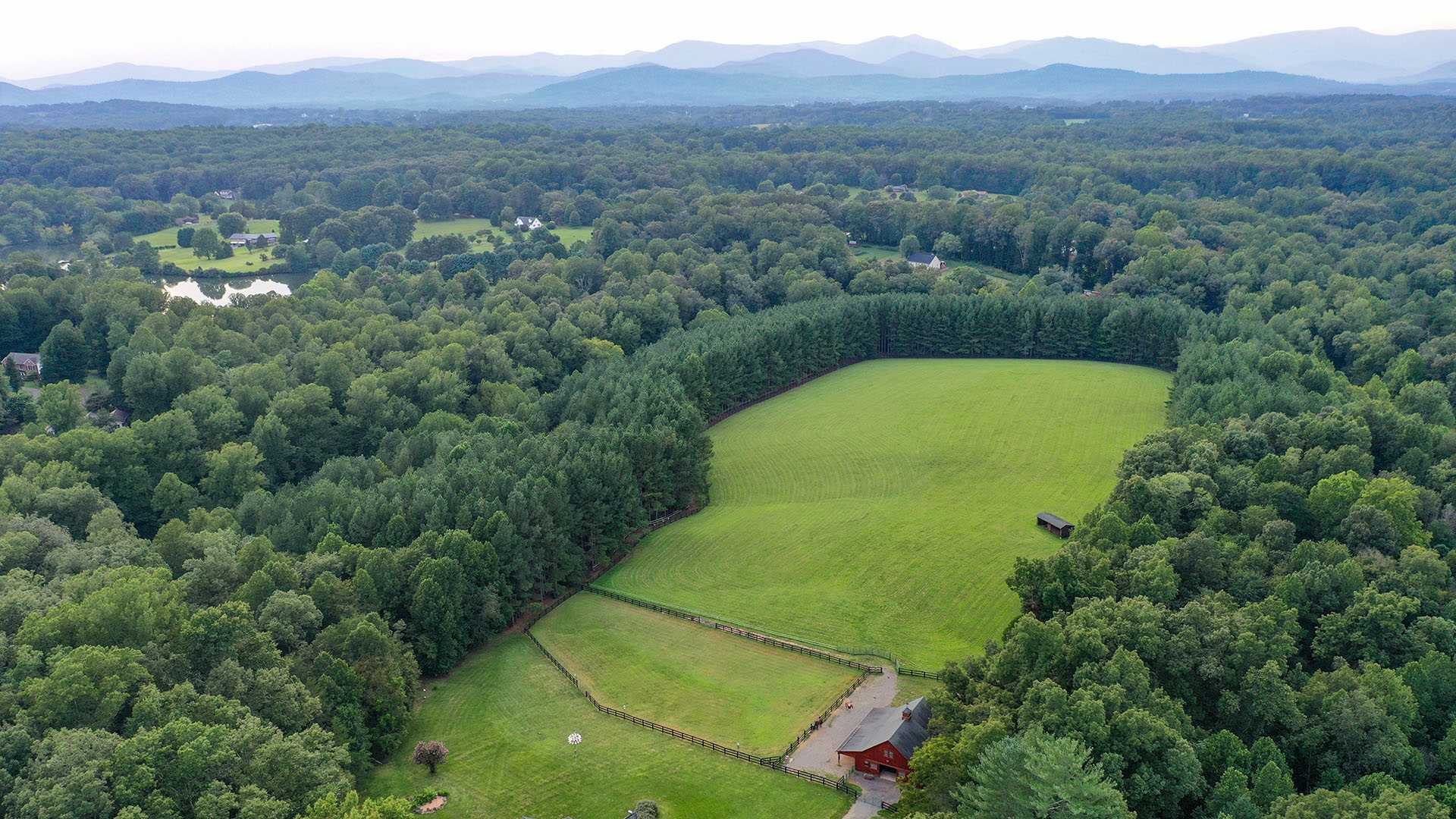Aerial view of the Blue Ridge Mountains from the 44-acre property at 3638 Oak Park Road in Madison Virginia