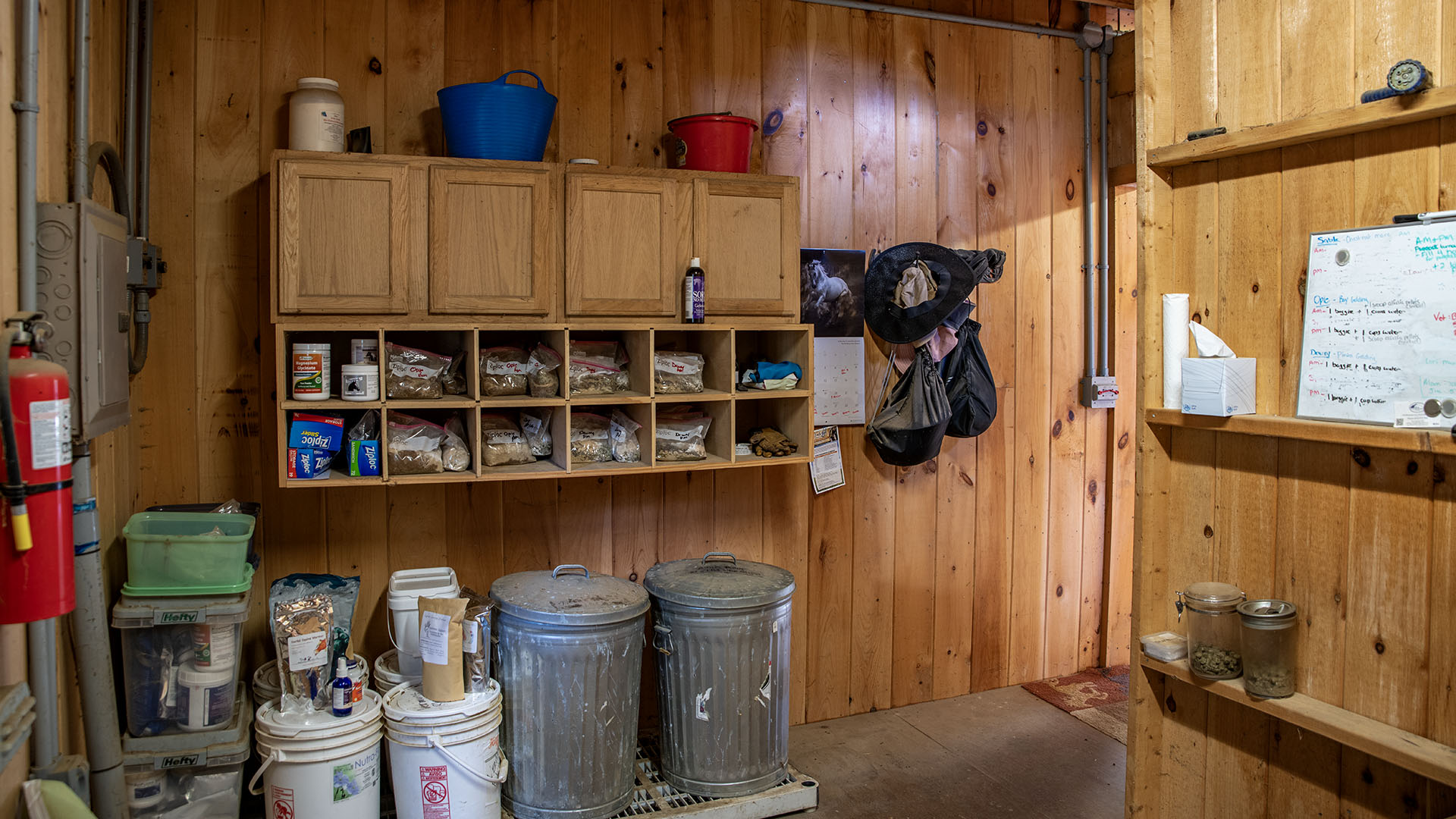 Storage cubbies in the horse stable tack room at 3638 Oak Park Road